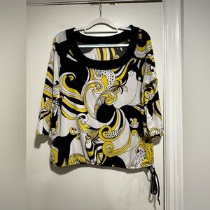 Georgiou Studio Yellow & Black Abstract Paisley 3/4 Sleeve Boatneck Blouse.